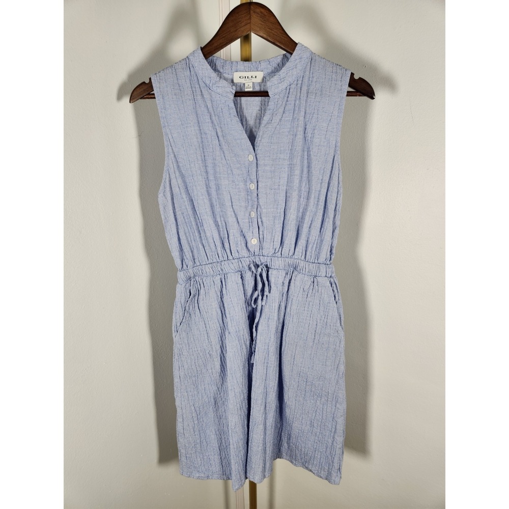 Gilli Light Blue Cotton Seersucker Style Sleeveless Mini Dress Pockets Sz Medium